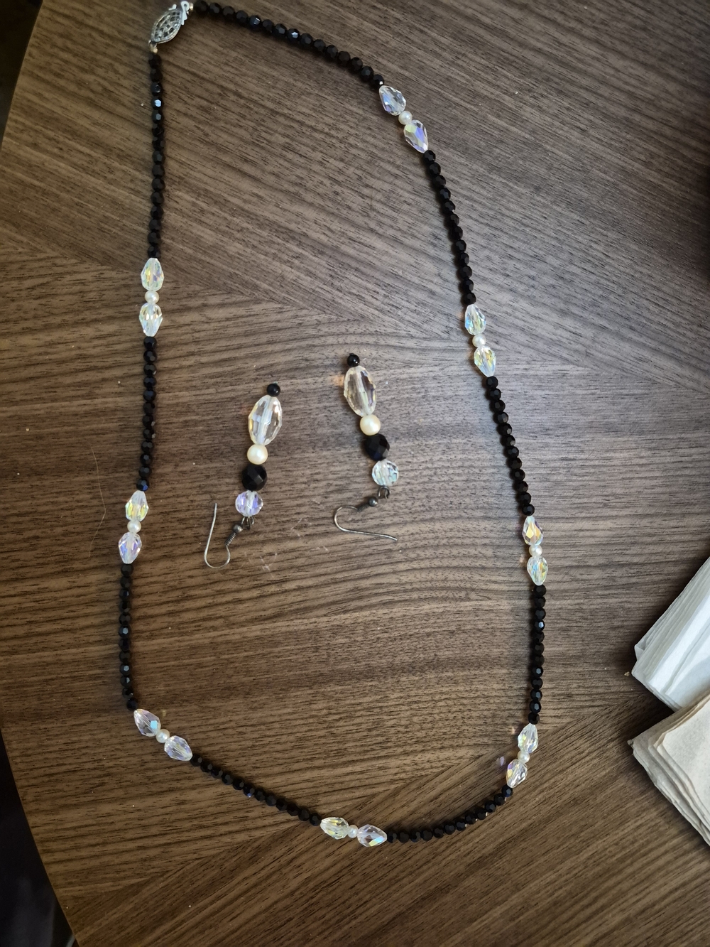 Iridescent Crystal and Black Bead Necklace with Matching Earrings